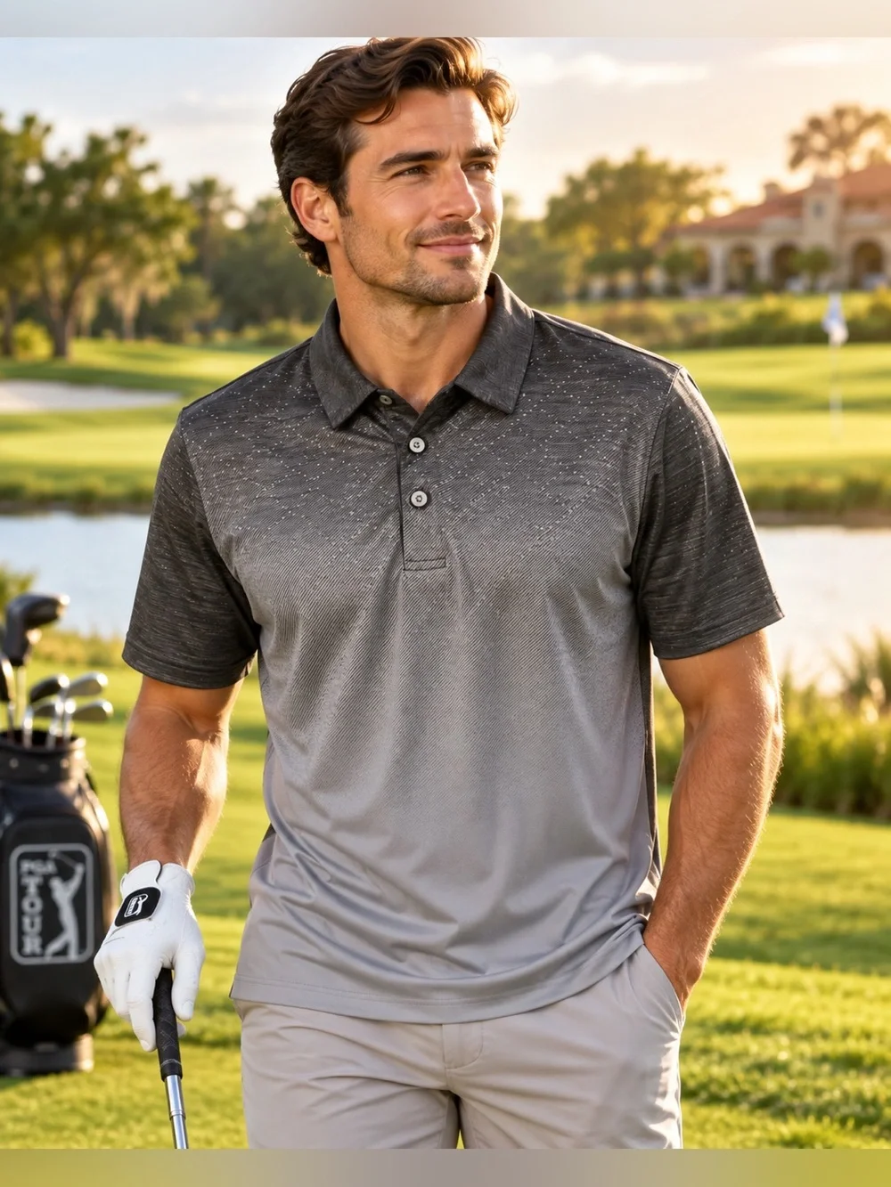 PGA TOUR ProSeries Gray Heather Performance Golf Polo Shirt Men’s Large